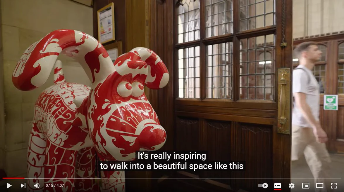 Elliot entering the Wills Memorial Building next to our iconic University of Bristol-decorated Gromit statue!