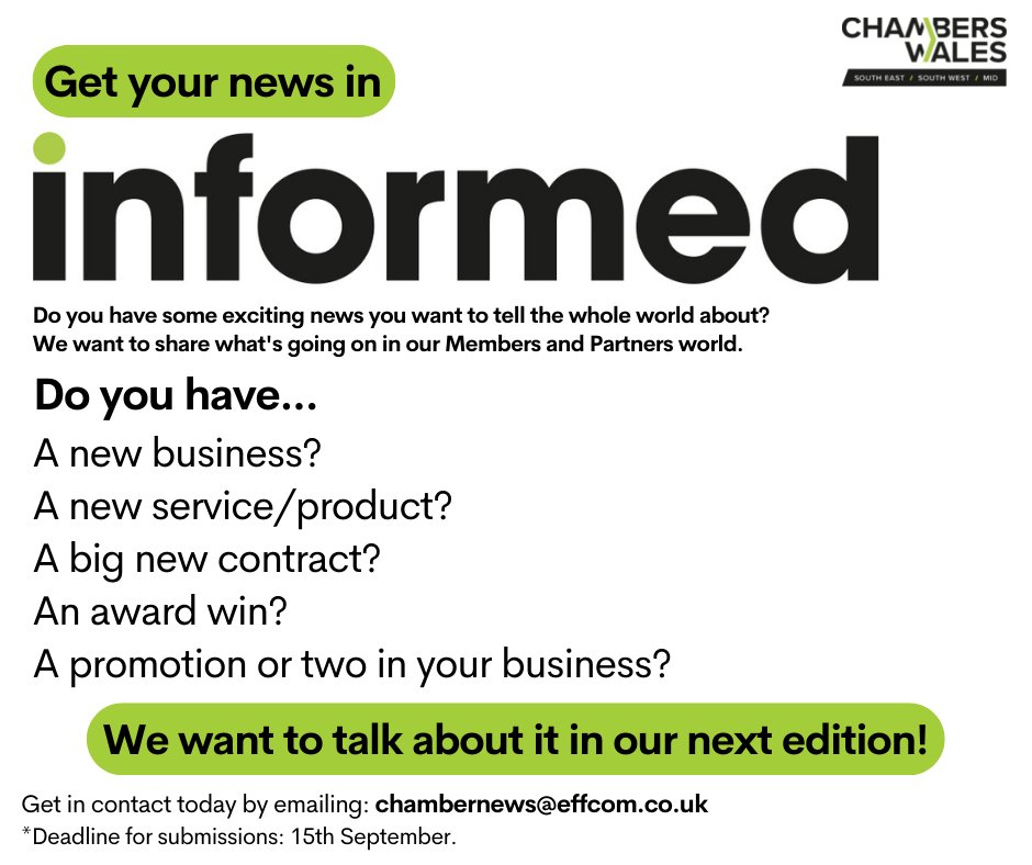 informed_Wales's tweet photo. Are you a Partner or Member of ours with some exciting business news you want to share?

Get it featured in our October edition of our @informed_Wales digital publication!

Send any news items and supporting photography to chambernews@effcom.co.uk 

Deadline: 15th September 2022 https://t.co/fUfUcLVTDO
