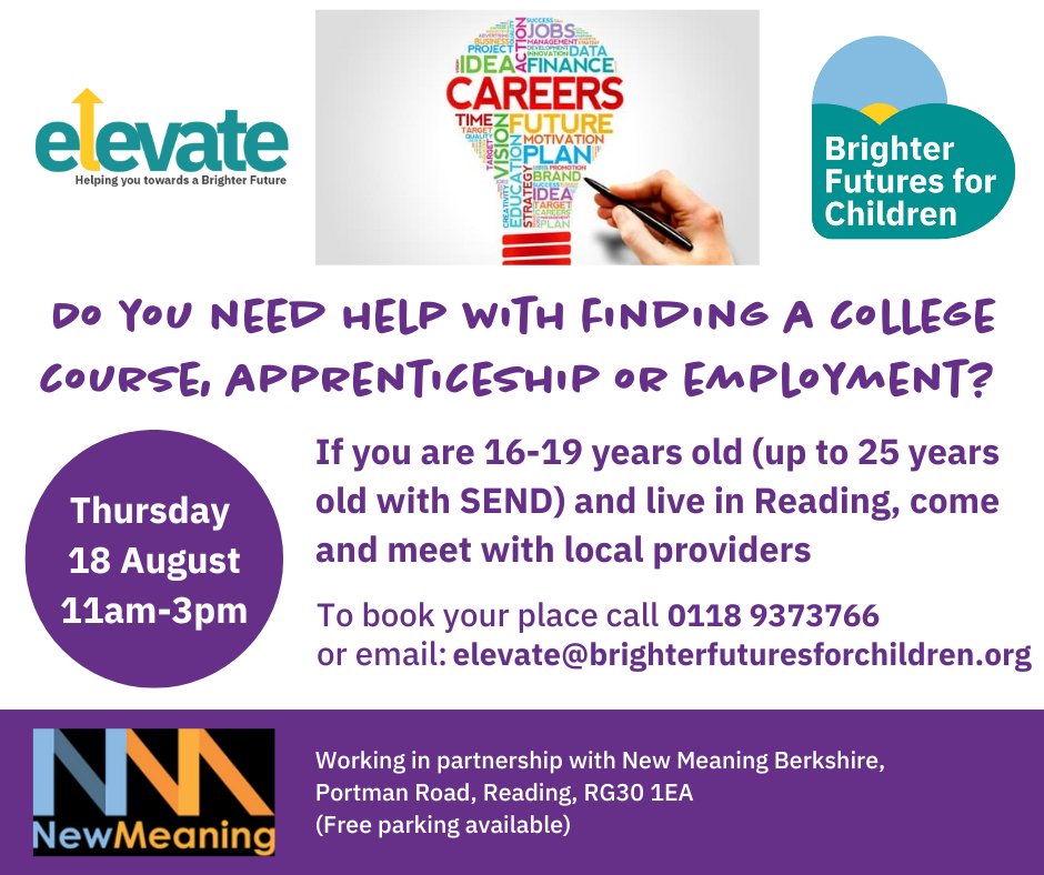BFfC_Child's tweet photo. Our Elevate team is holding its summer #CareersFair in partnership with @AtNewMeaning *TOMORROW* offering Reading young people aged 16-19 the chance to chat with local employers &amp; education providers. For more details see the flyer, or call 0118 937 3766.

#rdguk #PostExamSupport https://t.co/0PbOp68hOL