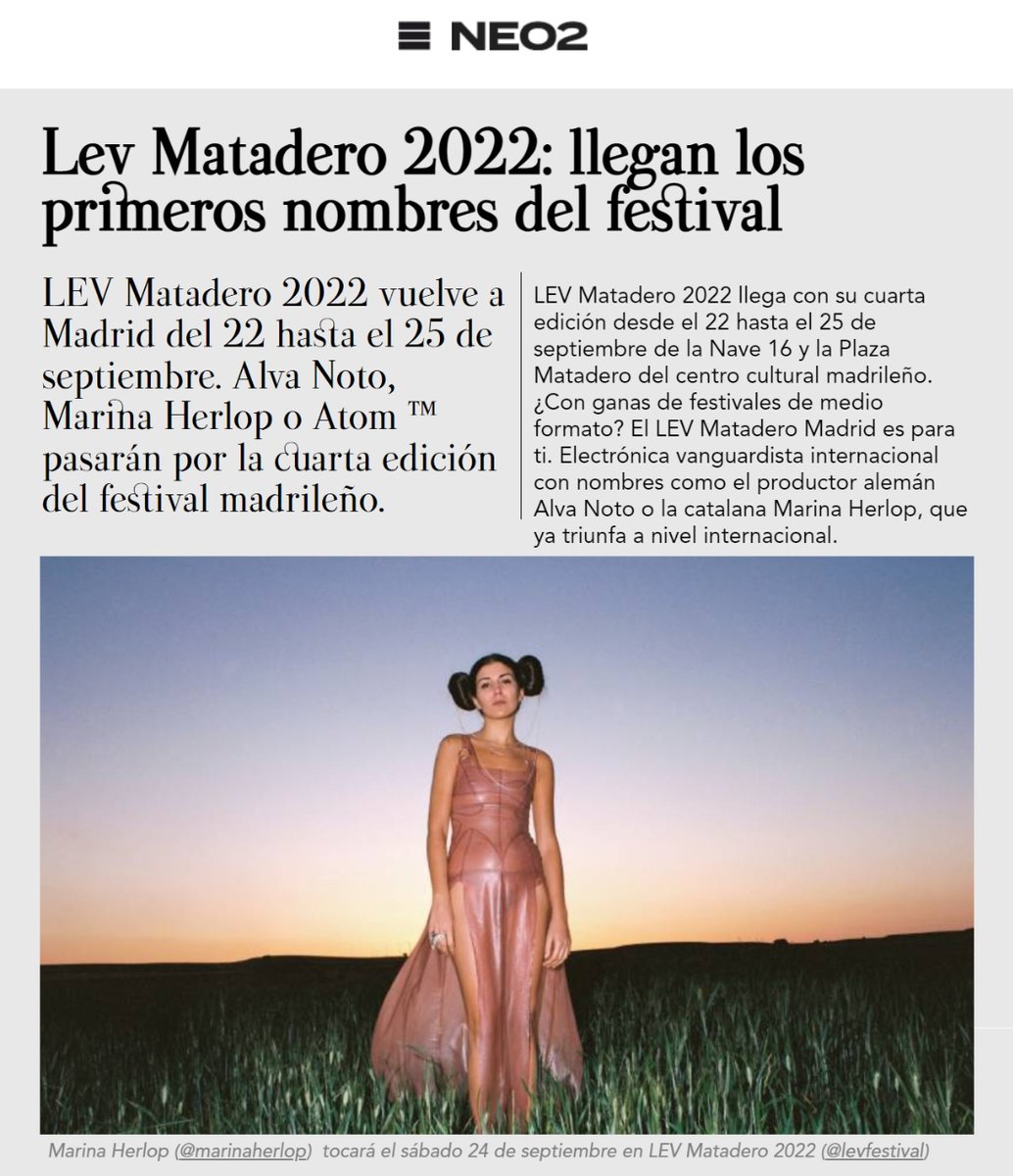 mataderomadrid (@mataderomadrid) on Twitter photo 📰Del 22 al 25 de septiembre aterriza #LEVMatadero en la Nave 16 y la Plaza de #MataderoMadrid. <a href="/Neo2_Magazine/">Neo2 Magazine</a> destaca al productor alemán <a href="/alvanoto/">alva noto (official)</a> o la catalana <a href="/marinaherlop/">Marina Herlop</a>, entre los artistas del cartel👇
neo2.com/lev-matadero-2…
🎟️Entradas ya la venta en web <a href="/levfestival/">L.E.V. Festival</a> 📰Del 22 al 25 de septiembre aterriza #LEVMatadero en la Nave 16 y la Plaza de #MataderoMadrid. <a href="/Neo2_Magazine/">Neo2 Magazine</a> destaca al productor alemán <a href="/alvanoto/">alva noto (official)</a> o la catalana <a href="/marinaherlop/">Marina Herlop</a>, entre los artistas del cartel👇
neo2.com/lev-matadero-2…
🎟️Entradas ya la venta en web <a href="/levfestival/">L.E.V. Festival</a>