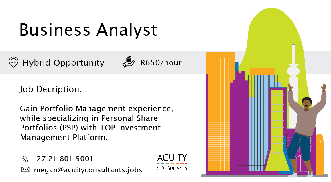 consultacuity's tweet photo. 🎯 New #JOB | Business Analyst | 📍 Hybrid Opportunity - Based in Cape Town OR Johannesburg - 12-month contract |  💰 R650/hour

MORE DETAILS HERE: 👉 https://t.co/4FrR4CLGGz 👈

#recruitment #acuityconsultants #jobalert https://t.co/ZPuJxV3GYV