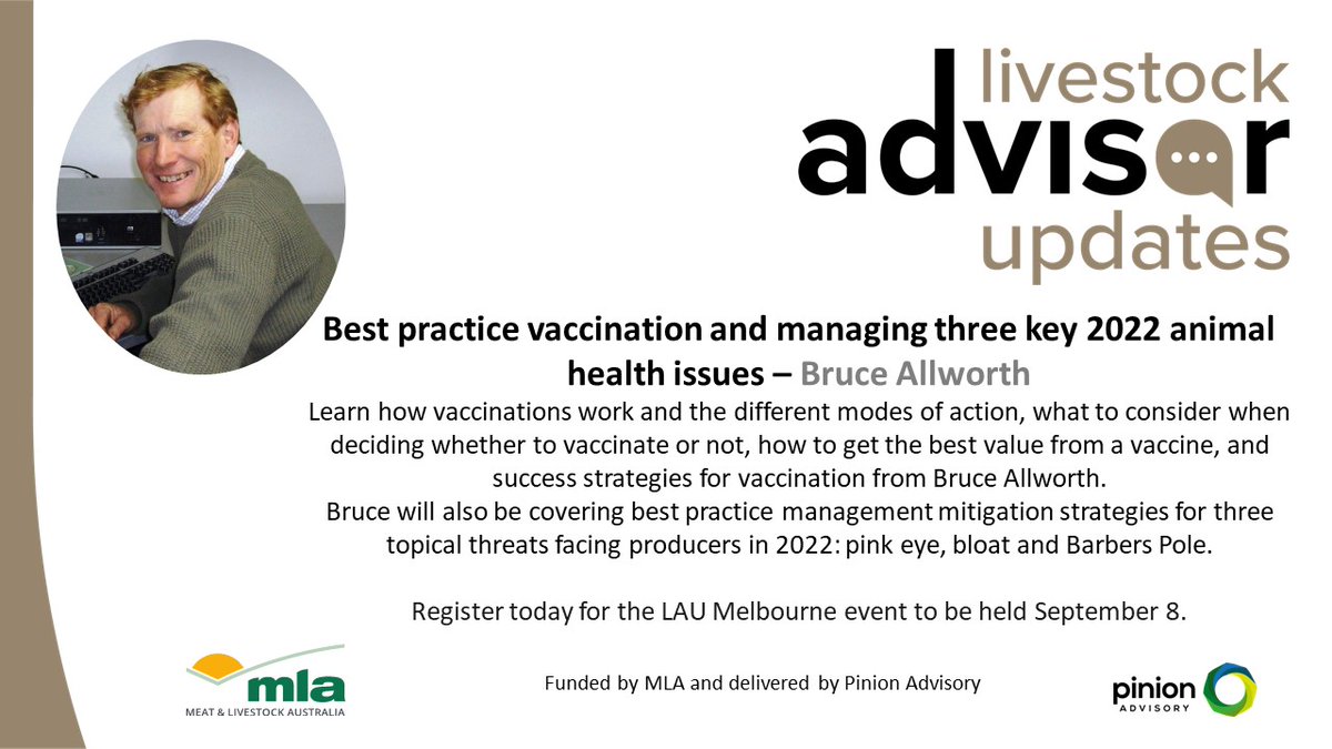 livestockadvise's tweet photo. How useful is your vaccination, pink eye, bloat and barbers pole management advice? Come along to the Melbourne LAU event, September 8, to get the latest from Bruce Allworth. Get your tickets today https://t.co/UaF7OSJMsk https://t.co/pAbUEVbKhO