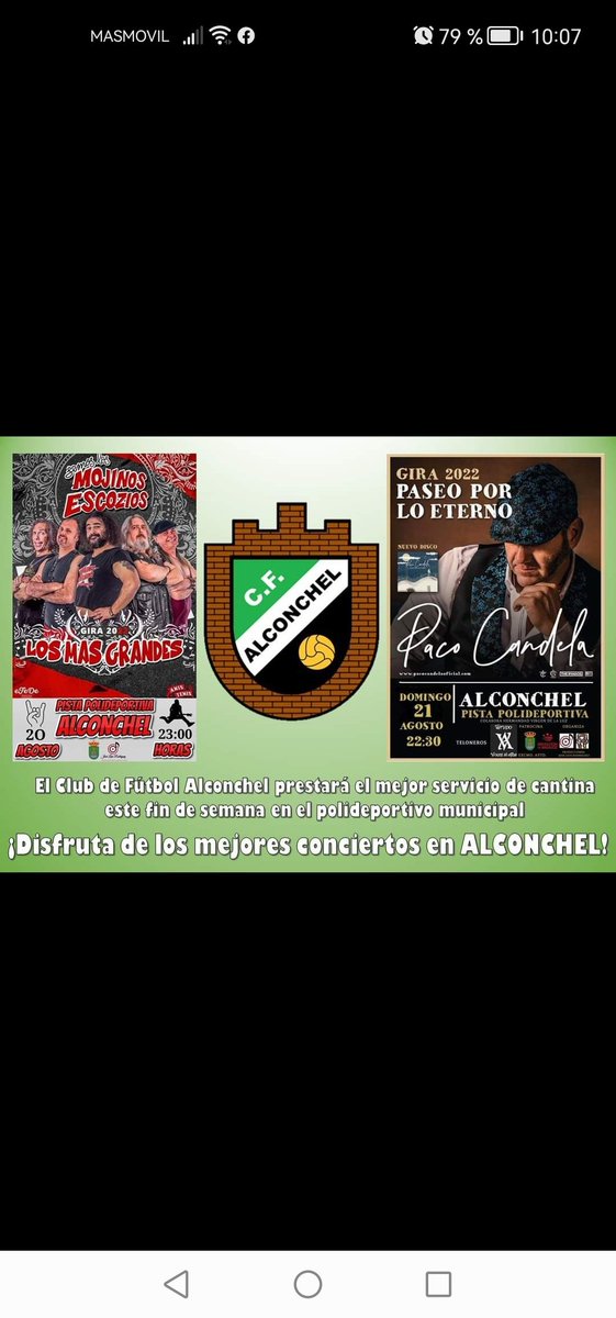 facebook.com/16893888684475…
EL CF ALCONCHEL GESTIONARÁ LAS BARRAS DE LOS CONCIERTOS DE 'LOS MOJINOS EZCOZIOS' Y DE PACO DE CANDELA EL FIN DE SEMANA DE LAS FIESTAS DE AGOSTO 2022
!TE ESPERAMOS¡
APOYA A TÚ EQUIPO💪💚🤍🖤