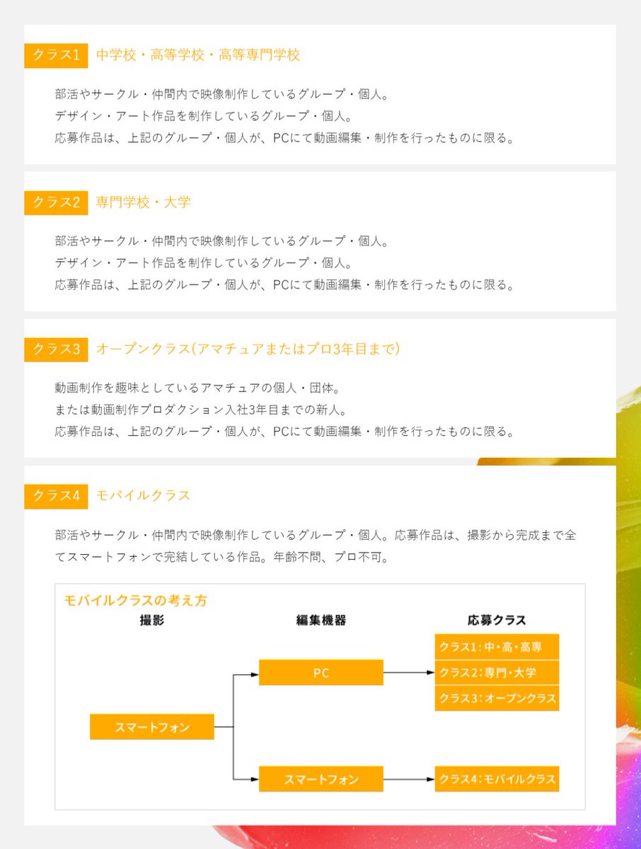 ncmc_2022's tweet image. 🎬════════════
動画コンテスト「NCMC 2022」
　　　 応募クラス紹介
════════════🎥

NCMC 2022では
【年齢・編集機器ごとのクラス別】で審査を行います！

PCだけの編集でなく、
スマホ編集の応募もOK✨

詳しくは👇
nc-mc.jp
#raytrek #ncmc2022
