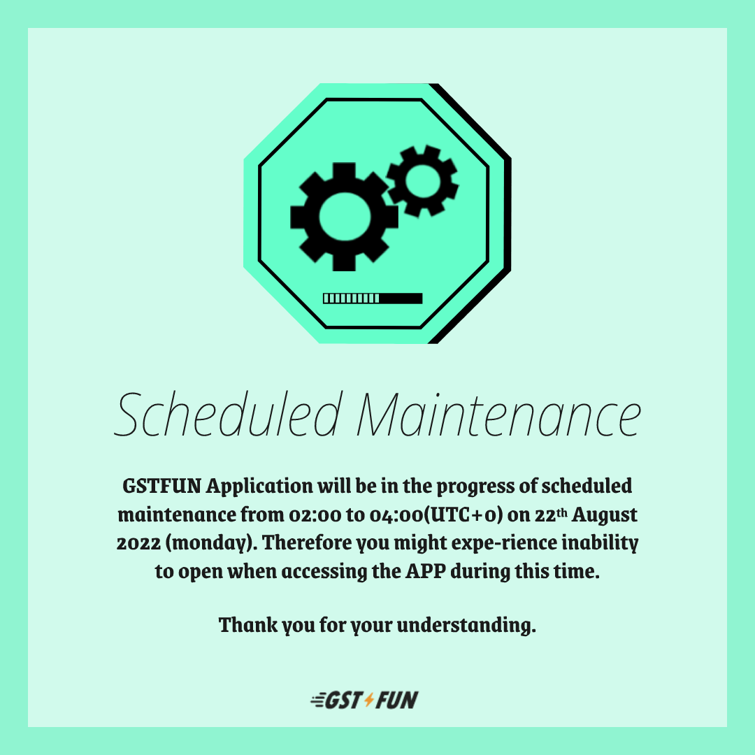 Gstfunofficial's tweet photo. 🛠SCHEDULED #MAINATENANCE #NOTICE 🛠
Aug 22 at 02:00 to 04:00 (UTC+0)

GSTFUN Application will be scheduled mainatenance in ｍondays every three weeks at 02:00 to 04:00 (UTC+0)

Thank you for your understanding.

#GSTFUN #GST #stepN #GameFi #ステップン #ステラウォーク https://t.co/YC05PfGAwv