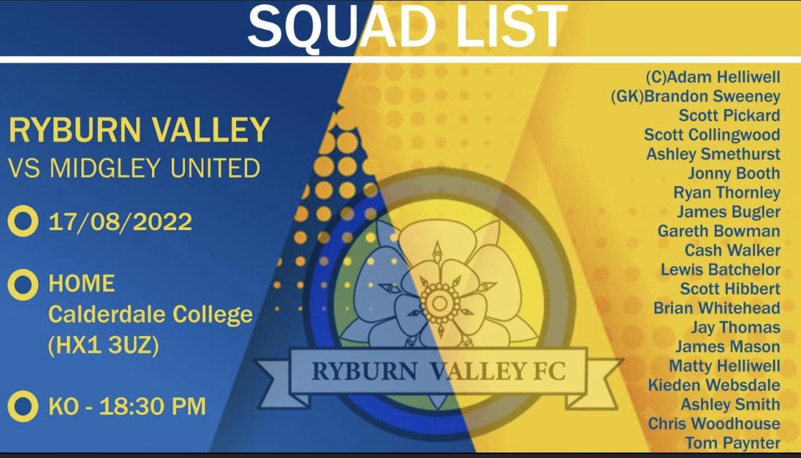 FcRyburn's tweet photo. SQUAD ANNOUNCEMENT: tonight’s preseason fixture sees us take a huge squad to face @MidgleyunitedFC at home! #halavalley https://t.co/ydMQc254q2
