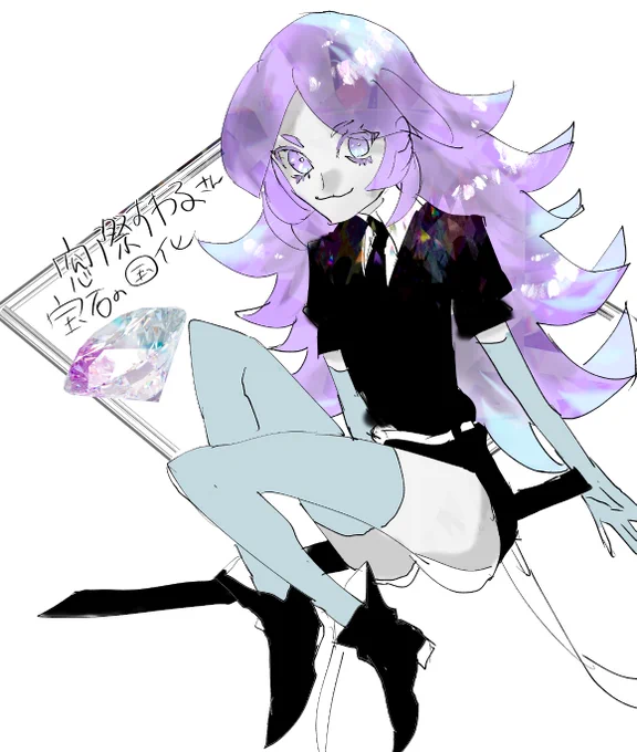 窓際すわるさん()描かせていただきました～!鮮やかなパープル足がとても速くて、猫口笑顔なキャラのイメージ 