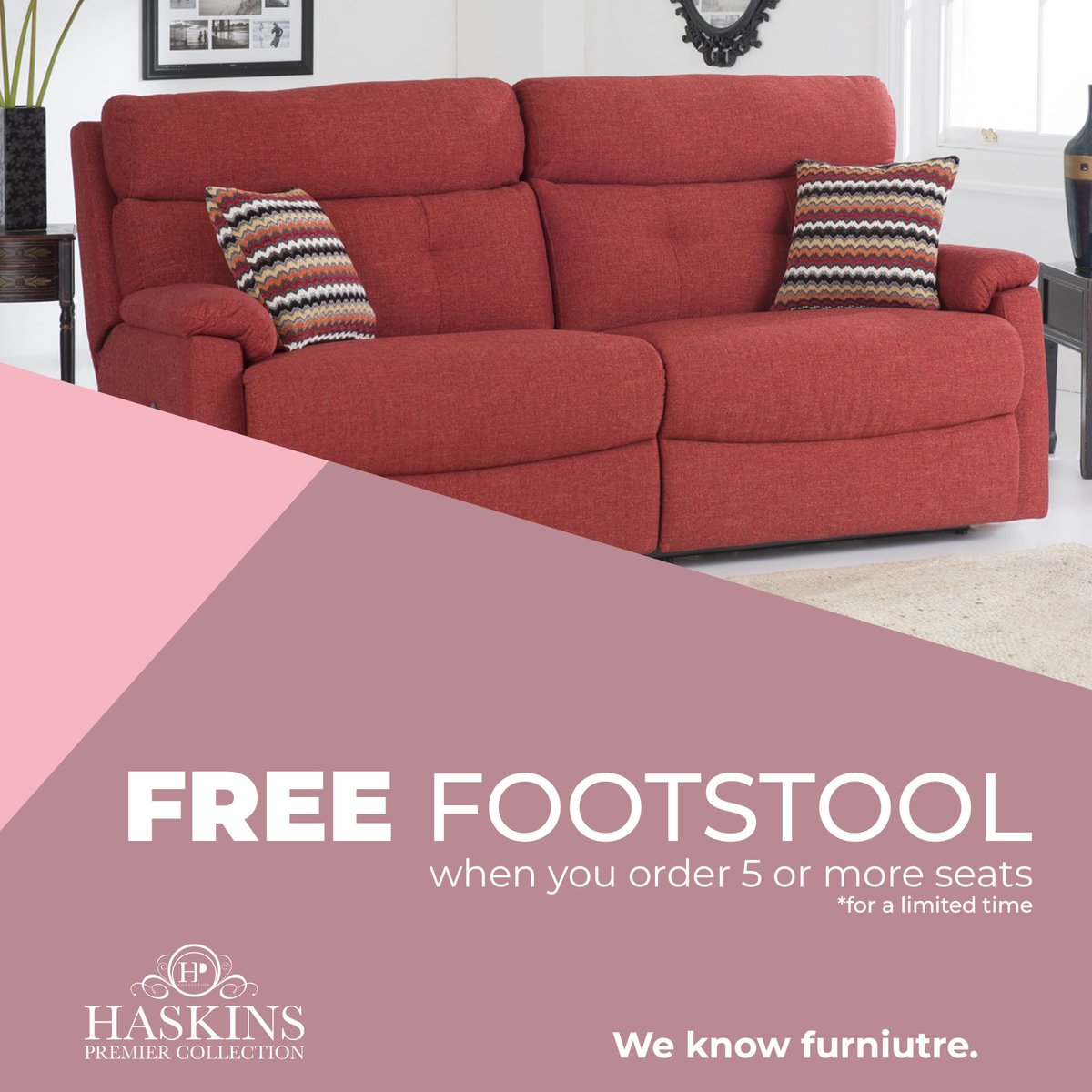 HaskinsSM's tweet photo. FREE FOOTSTOOL* 😍
Receive a free footstool on selected Haskins Premier ranges in store when you *order five or more seats! 
Footstools are a great addition to your new suite. 
#promotion #haskinspremier #freefootstooloffer https://t.co/9i2YQIsyya