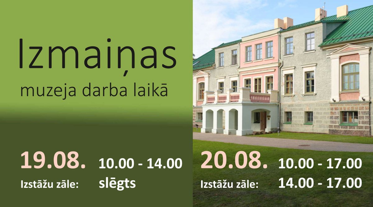 Talsu_muzejs's tweet image. ❗️ Izmaiņas muzeja darba laikā ❗️
Aicinām iepazīties ar 19. un 20. augusta Talsu novada muzeja darba laiku. Atvainojamies par sagādātajām neērtībām. 
#talsi #novadamuzejs #visittalsi #muzejs #novads #darbalaiks