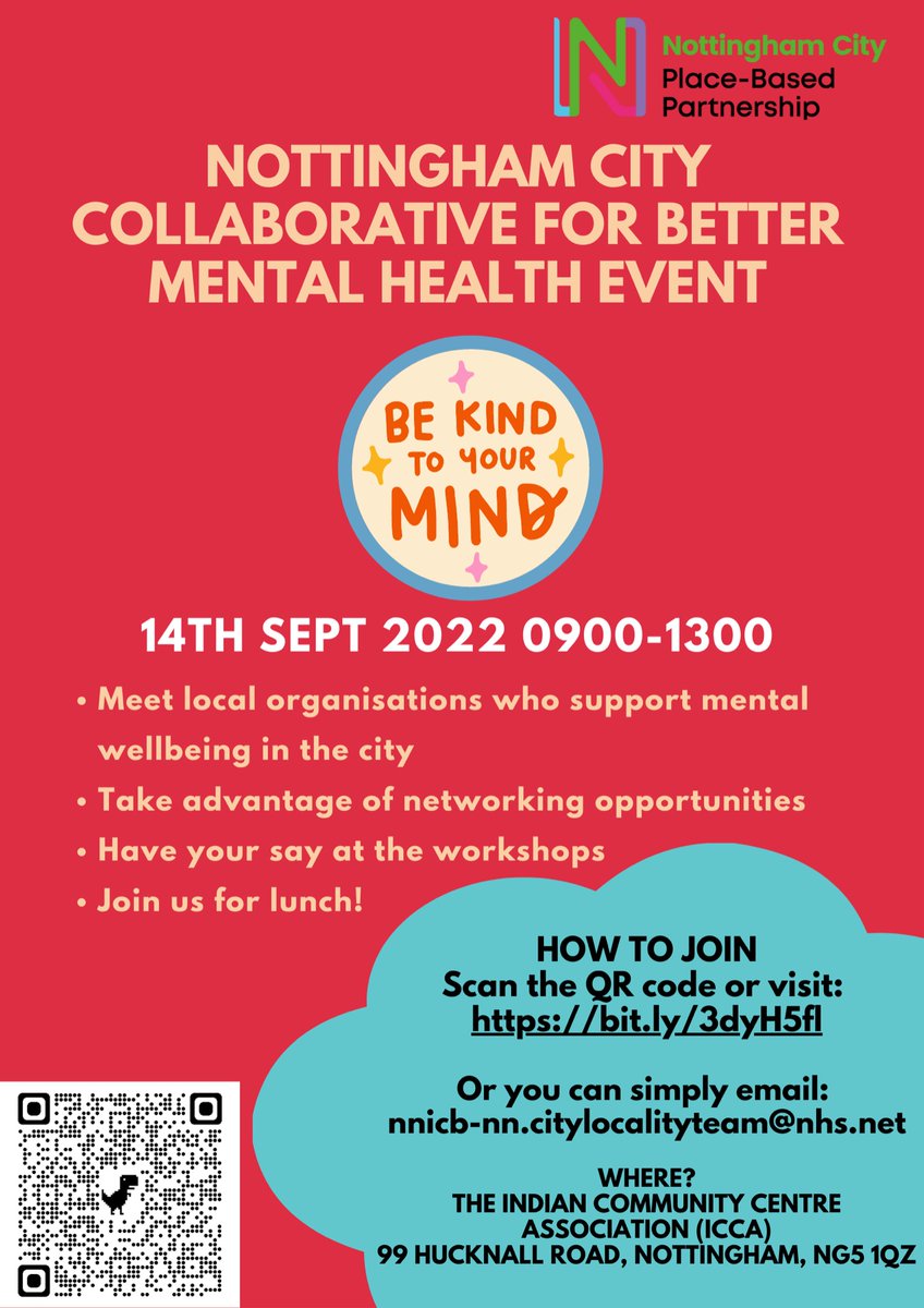 The Nottingham MH  Collaborative are holding an event to progress mental health promotion &amp; prevention plans in the city. Pls share -further details and an agenda in the invite-thank you 🙏