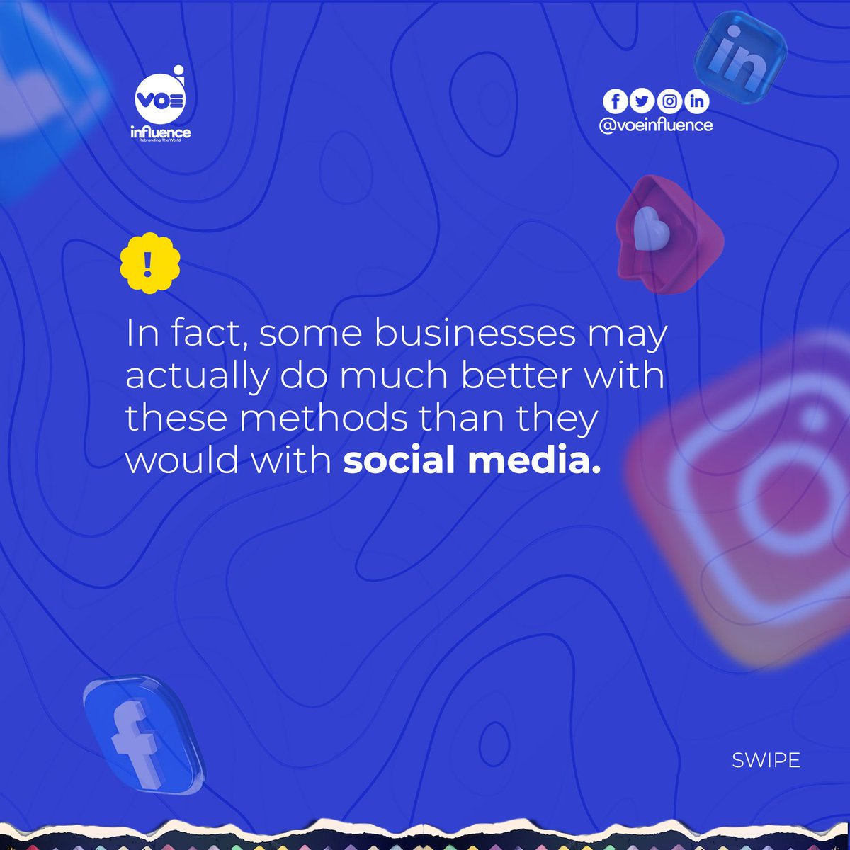 VoeInfluence's tweet photo. HOW TO PROMOTE YOUR BUSINESS WITHOUT SOCIAL MEDIA๐ฏ๐ฏ
Is it possible to bring your business to the public without having to use social media?
YES! IT IS POSSIBLE.
You'll be amazed at the results you'll get after reading and applying these tips in your business.
#voeinfluence https://t.co/7DGsxqYdd2
