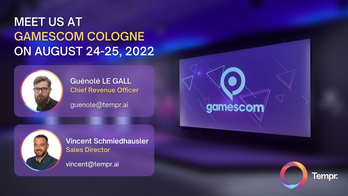 Tempr_ai's tweet photo. .@gamescom is here and @Tempr_ai can’t wait to see you in person.

Guénolé Le Gall and Vincent Schmiedhausler are available on the 24th or 25th of August to talk about the best #UA practices and strategies. Book a meeting here ▶️ https://t.co/kF6yYloQxa 

#gamescom2022 #tempr https://t.co/UBP1reJoHL