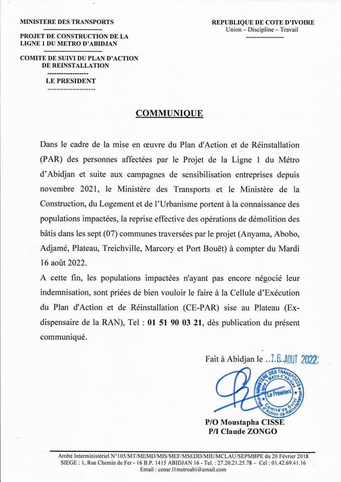 Infosdivoire's tweet photo. Construction de la ligne 1 du métro d’Abidjan

Les opérations de démolition reprennent dans les 7 communes : Anyama, Abobo, Adjamé, Plateau, Treichville, Marcory et Port-Bouet

Communiqué!

#CIV225 #infos225 #flash225  @mclu_gouv #metrodAbidjan https://t.co/MXTi41JkRb