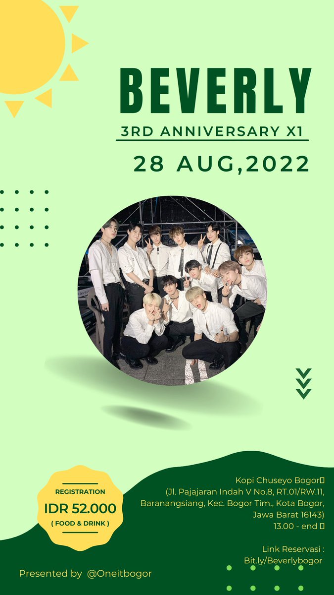 oneitbogor's tweet photo. 𝔹𝕖𝕧𝕖𝕣𝕝𝕪 𝔹𝕠𝕘𝕠𝕣 [ MOVED PLACE ]

An Event Dedicated for Anniversary X1. Presented By @oneitbogor

The celebration will be held :

📆 Sunday, 28 August 2022
📍 Kopi Chuseyo Bogor Pajajaran  
(Jl. Pajajaran Indah V No.8, Baranangsiang, Bogor Timur, Bogor City, West Java) https://t.co/bu8t8Y2Eig