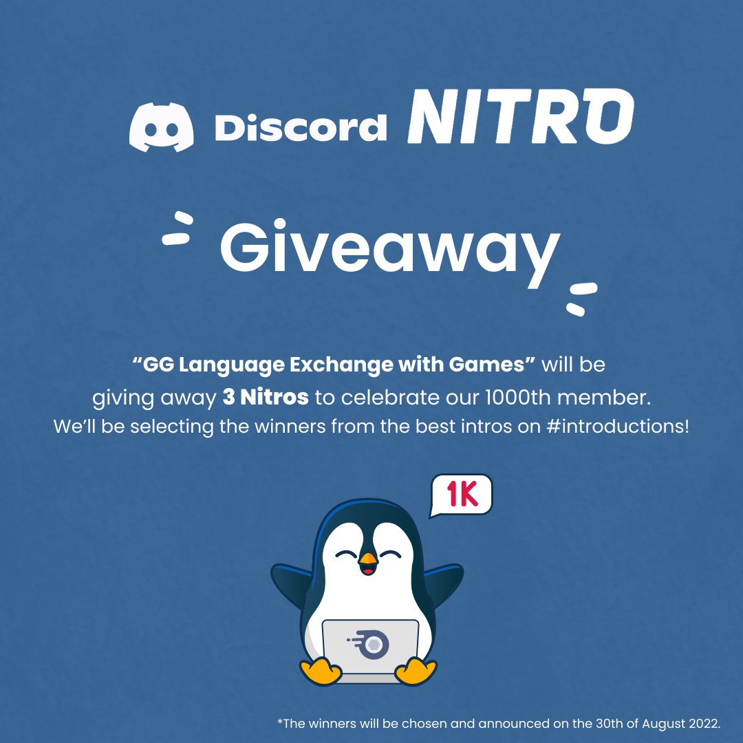 pengguin_twt's tweet photo. We're giving away 3 discord nitros to celebrate 1000 members on GG Language Exchange with Games! As the server name suggests, we play games together for language practice! Check out our regular events here: https://t.co/rynADMamGL
#langtwt #studytwt #languagelearning https://t.co/yrFLjXGkbW