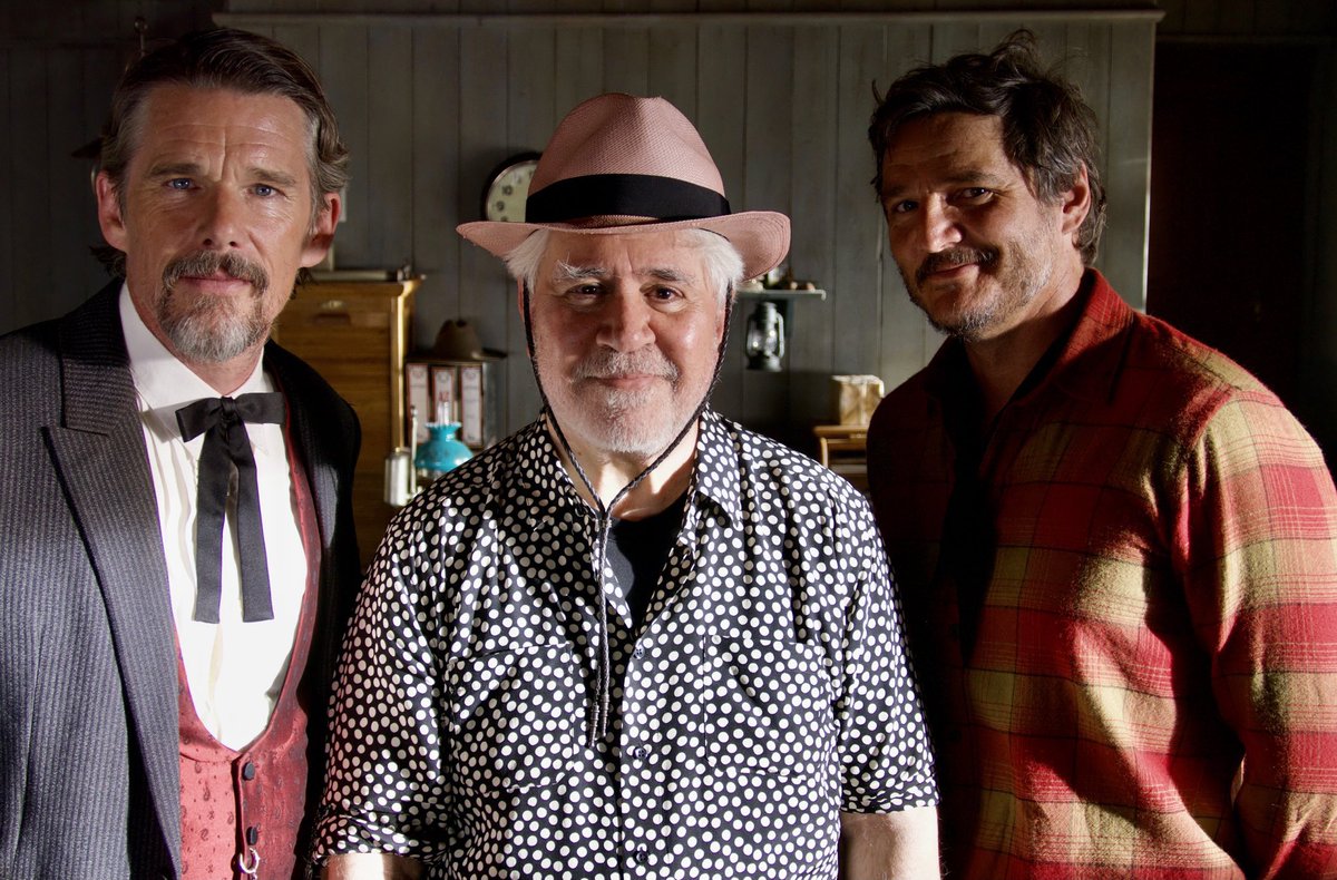 AWFF_Oficial's tweet photo. This is actually happening! 🤠❤️ 

Pedro Almodóvar directs Ethan Hawke and Pedro Pascal in his first western ever: EXTRAÑA FORMA DE VIDA.

Filming today in Tabernas, Almería. https://t.co/R6t3KTXS6U