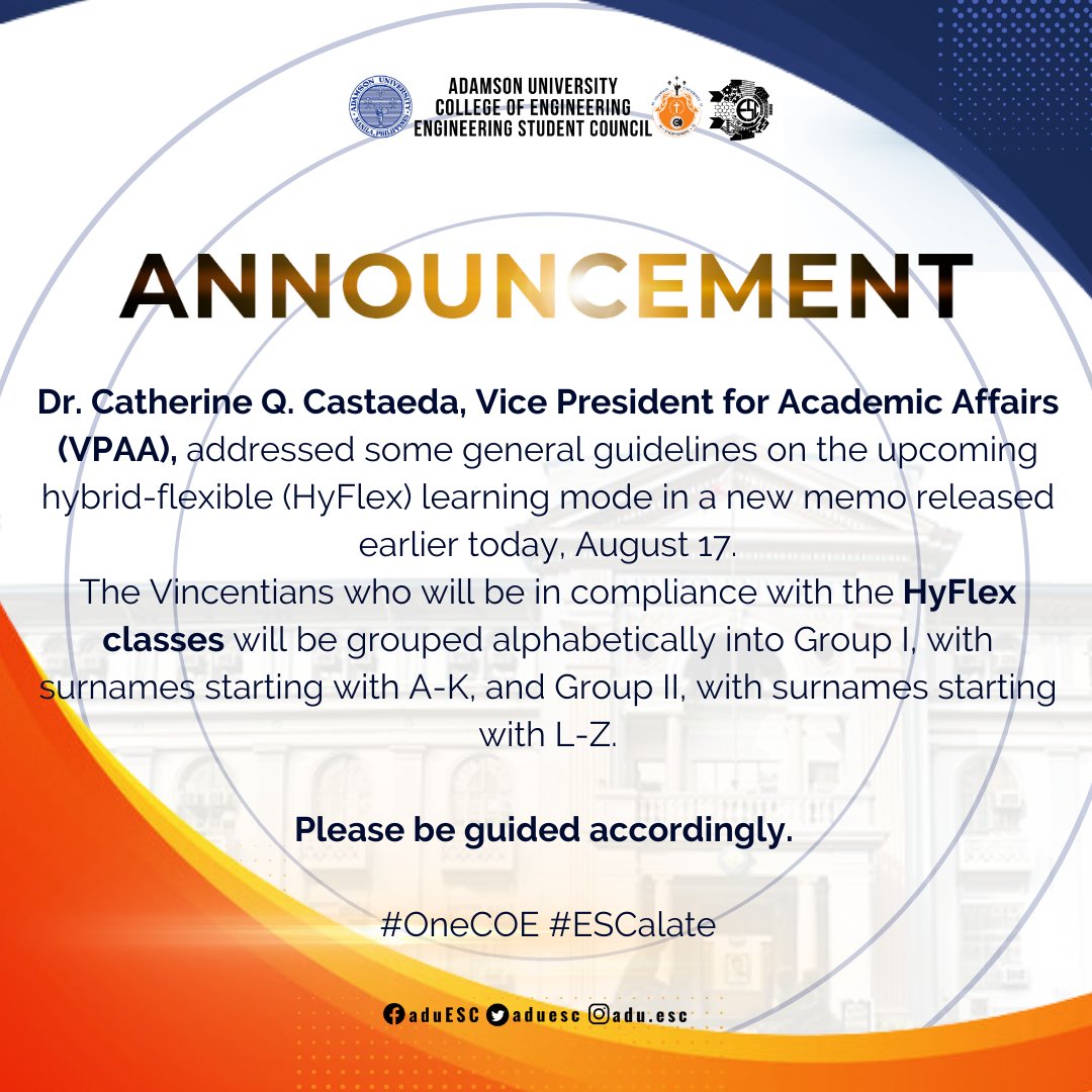 aduesc's tweet photo. #ESConnect
A new memo was released earlier today regarding the clarification of the general guidelines on the implementation of HyFlex modality for the 1st semester of S.Y. 2022โ2023.
You can read the full memo here: https://t.co/DVltSCdwpu
#OneCOE
#ESCalate https://t.co/Cn7BTZXwtR