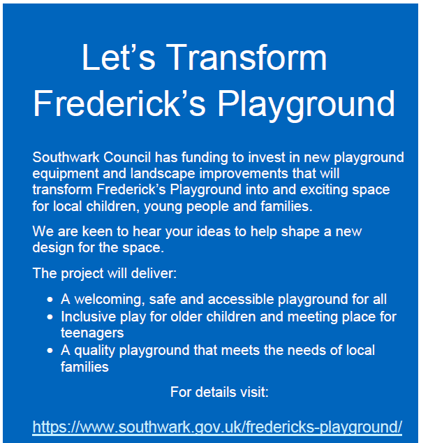 JohnBatteson's tweet photo. @lb_southwark are running a survey to get views of people in Walworth, #SE17 on the new Frederick's Playground on Westcott Road: https://t.co/HNMmbsjyIV

Good opportunity to shape the final design of the playground - deadline is Monday 29th August. https://t.co/RDy5q6X2Ti