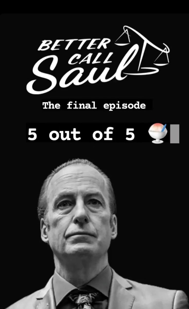 halohalohour's tweet photo. The final episode of #BetterCallSaul was a beautiful and perfect end to a show that has exceeded my expectations and can be put right beside  #BreakingBad as another masterpiece in television. 
5 out of 5  🍧🍧🍧🍧🍧 https://t.co/4lxb77MEzX