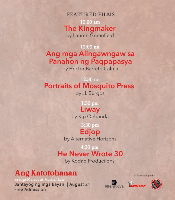 altermidya's tweet photo. 🎥 LIBRENG PELIKULA SA BANTAYOG NG MGA BAYANI 🎥 

Sa darating na Linggo, August 21, maglulunsad ang Altermidya ng AlternaTV: Ang Katotohanan sa mga Marcos at Martial Law sa Bantayog ng mga Bayani! https://t.co/UXrzIaaQm7