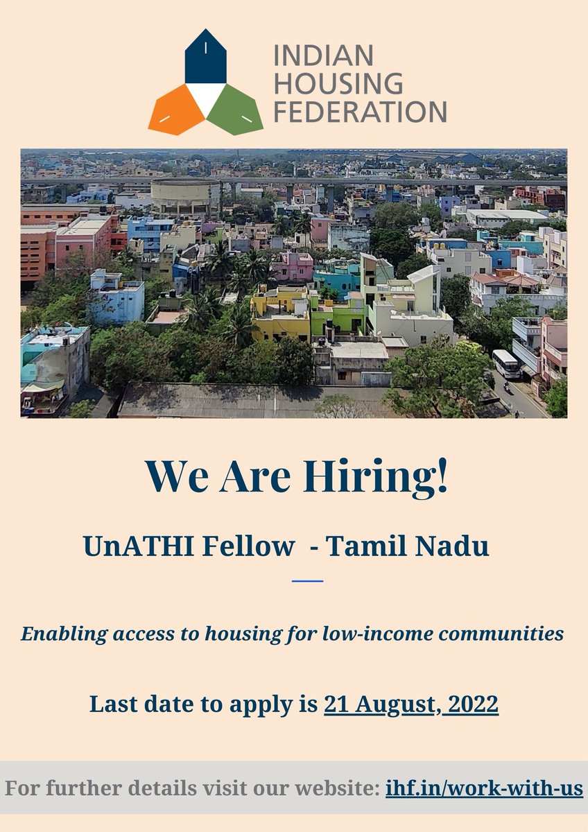 HousingFed_IN's tweet photo. #WeAreHiring!

If you have a keen interest in social #development, low-income #housing and a drive to contribute meaningfully to this sector, apply for the opening of UnATHI Fellow - Tamil Nadu! 
 
Apply by: 21 August, 2022.
For details, visit: https://t.co/mGSKNd11dG https://t.co/WHl2mtXoqe