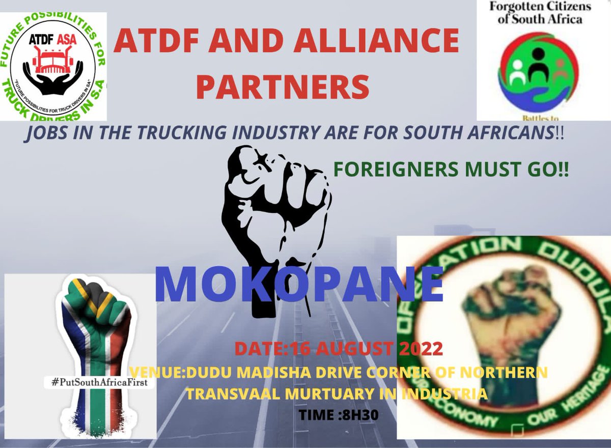 sa_masemola's tweet photo. ATDF alongside OperationDudula Limpopo &amp; Alliance Partners marched to big private companies in Mokopane to demand that South African jobs must be for SAns only! Driving of trucks has NEVER been a scarce skill for citizens living in SA!
#PutSouthAficansFirst 🇿🇦
#Dudula ✊✊
#ADTF https://t.co/QUOKJPGBAs