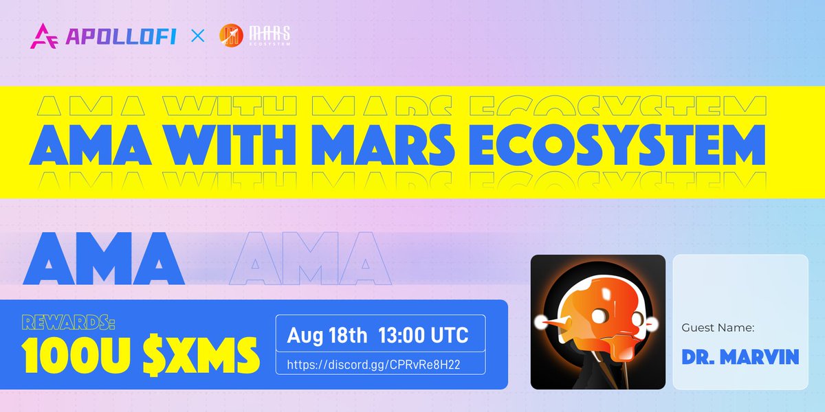 Join the ApolloFi #AMA with <a href="/MarsEcosystem/">Mars Ecosystem</a> and win $100 worth of $XMS to give away!

⏰Date: 13:00 PM on Aug 18th (UTC)
📍Venue: discord.com/invite/apollofi 

Terms:
1: Like &amp; RT
2: Follow <a href="/ApolloFi1/">ApolloFi丨SocialFi</a>  &amp; <a href="/MarsEcosystem/">Mars Ecosystem</a>
3: Leave the question you want to ask and your BSC address