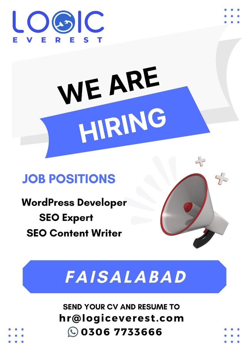 tahirdev's tweet photo. #Attention
Experts Required!
-WordPress Developer
-SEO Expert
-SEO Content Writer
Location: #Faisalabad
Contact: #WhatsApp +92 306 7733666
#internship #Jobs #handsome #WordPress #seo_expert
#content_writer #hishamsarwar #letsconnect with #logiceverest https://t.co/FtBlAD2d5O