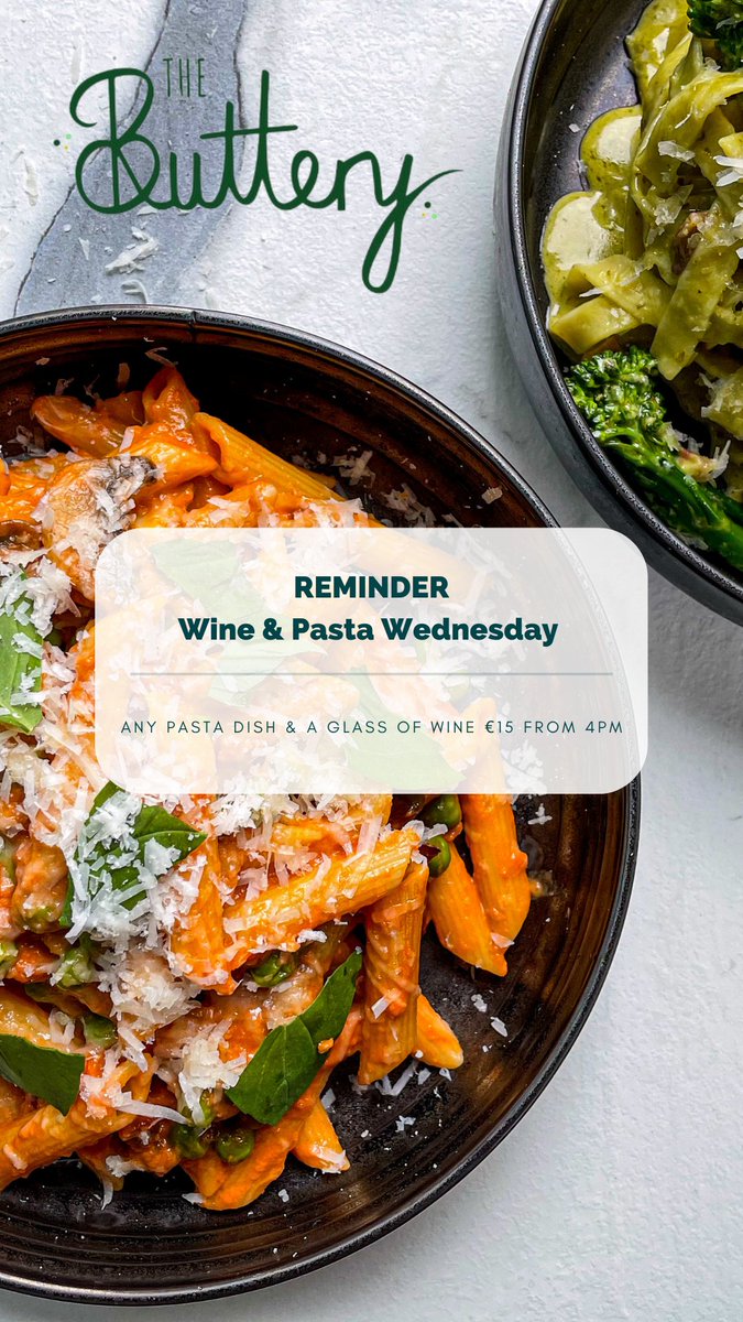 It's Wine &amp; Pasta Wednesday! 🍷🍝

Any pasta dish &amp; a glass of wine €15 from 4pm at The Buttery Bedford Row

Book your table now thebuttery.ie