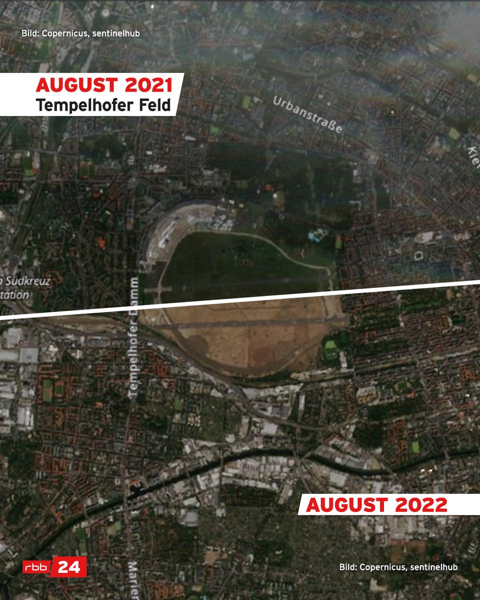 Auf Satellitenbilder wird deutlich: Saftiges Grün wird in #Berlin und #Brandenburg immer mehr durch ein tristes Beige oder Braun ersetzt. Auch das #TempelhoferFeld gleicht aktuell eher einer großen Sandfläche. rbburl.de/duerresatellit