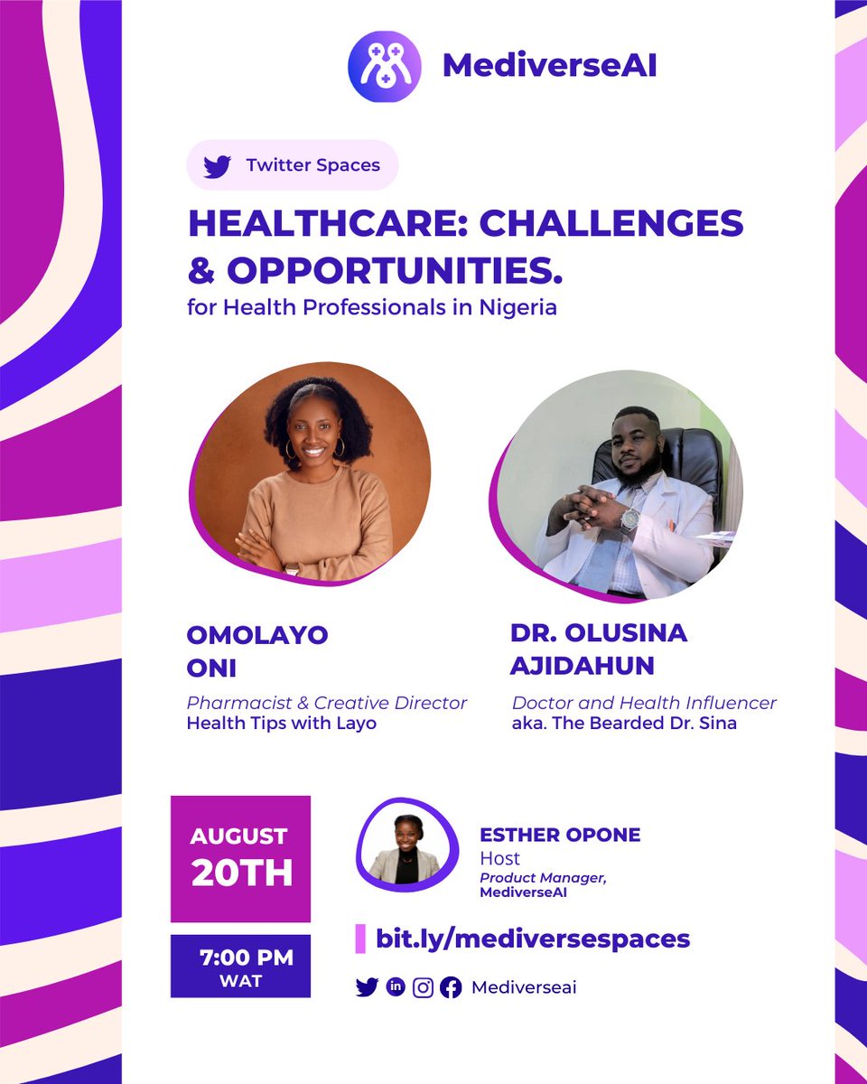 mediverseai's tweet photo. We are having a Twitter space this Saturday by 7 pm. 

@thevalueadder_ would be hosting the conversation with @healthtipswithlayo and @the_beardedsina around the challenges and opportunities in the Nigerian healthcare sector. 

See you there✌️. https://t.co/MIKBsVTBt1