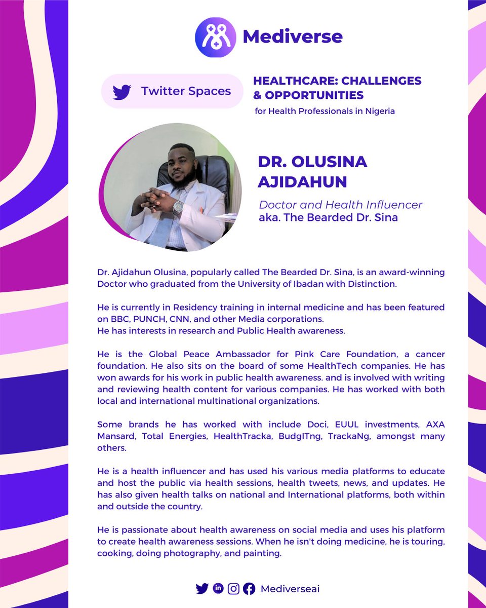 mediverseai's tweet photo. We are having a Twitter space this Saturday by 7 pm. 

@thevalueadder_ would be hosting the conversation with @healthtipswithlayo and @the_beardedsina around the challenges and opportunities in the Nigerian healthcare sector. 

See you there✌️. https://t.co/MIKBsVTBt1