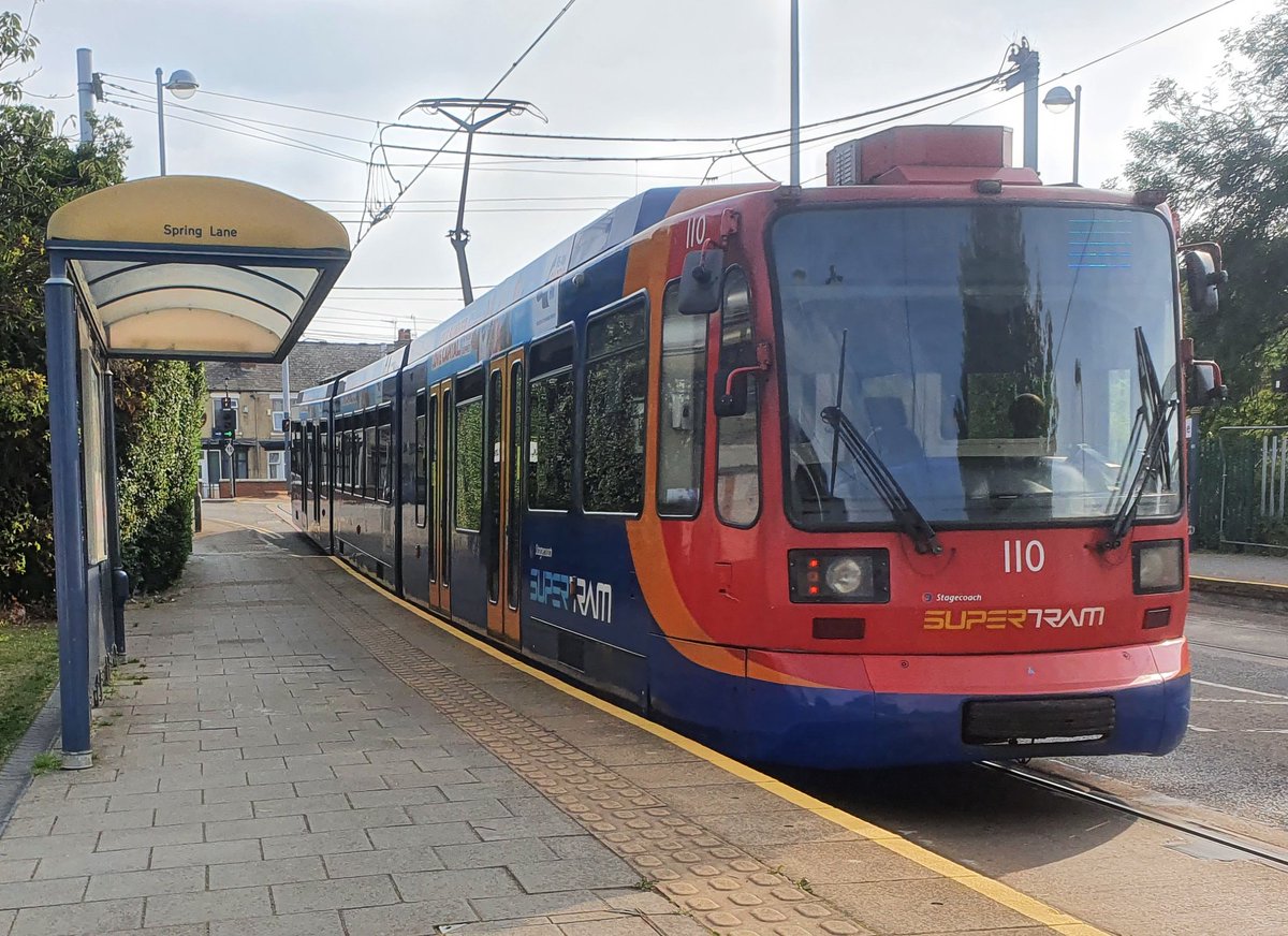 JamesTGlossop's tweet image. Sheffield Supertram 110 seen leaving Spring Lane at 09:08 yesterday on a Blue Route service. (16/08/2022) #SpringLane #Sheffield #Supertram #SouthYorkshire @JedKendray @303032_trains