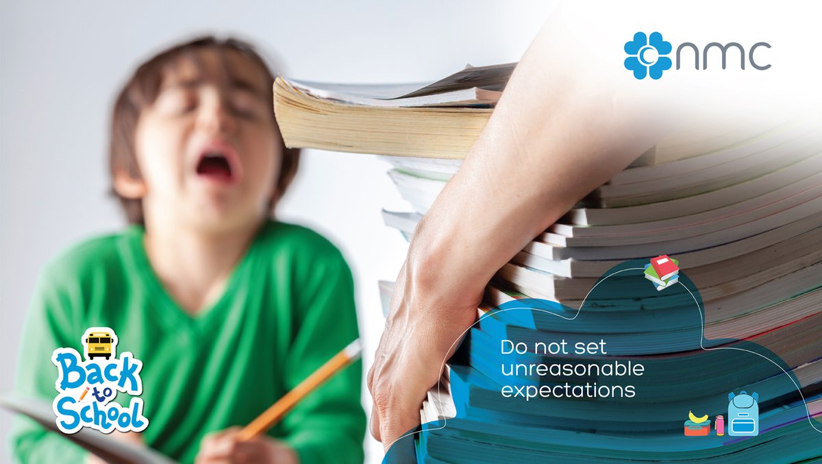 NMCHealthcare's tweet photo. Returning to school after a summer of fun &amp; late nights can be challenging. Avoid these:

> Don't skip parent-teacher interactions
> Don't expect unreasonable grades, friends, etc
> Don't micromanage your child’s schedule like the previous year.

#NMC #NMCHealthcare #BackToSchool https://t.co/q1rdVCKyZb
