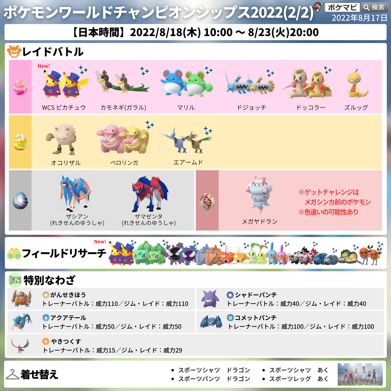 ポケモンgo攻略情報 ポケマピ ポケモンワールドチャンピオンシップス22 記念イベント 期間 8 18 木 朝10時 8 23 火 時 Wcs ピカチュウ新登場 ザシアン ザマゼンタ復刻 歴戦の勇者 進化時に特別な技を覚える ドサイドン ゲンガー
