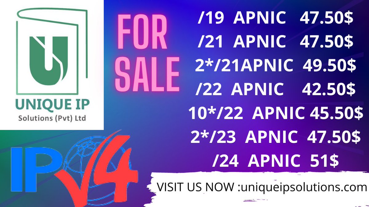unique_ips's tweet photo. Available APNIC ranges for sale.

Visit Us Now : https://t.co/log68WqoSK

@apnic @unique_ips #ipv4 #ipv4buy #ipv4sell #ipv4leasing https://t.co/JG7kG32XSY