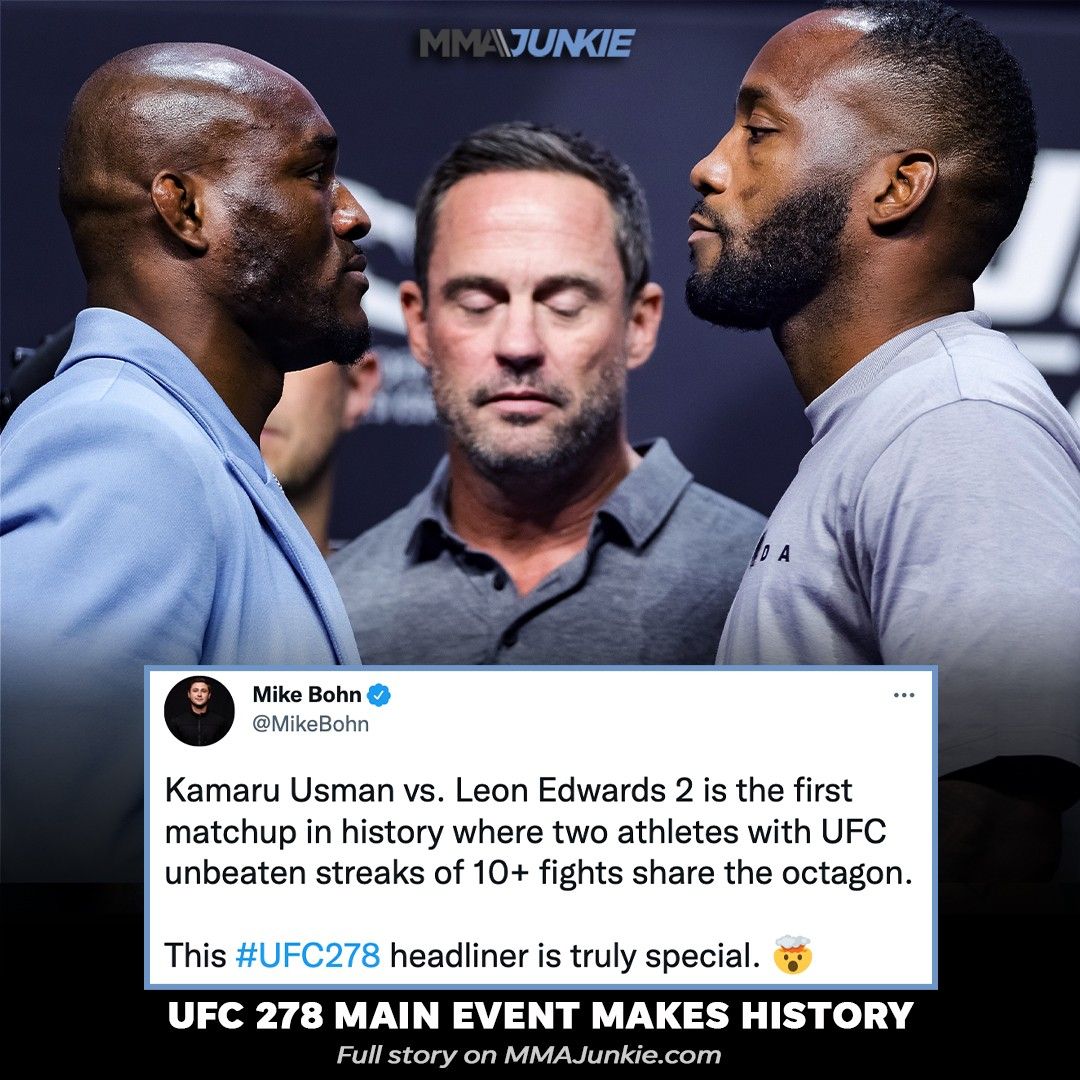 MMAJunkie's tweet photo. Kamaru Usman vs. Leon Edwards 2 is a matchup unlike any other in UFC history. 😳

@MikeBohn's story: https://t.co/5qTCYT0hcF https://t.co/wFGTJCbC64
