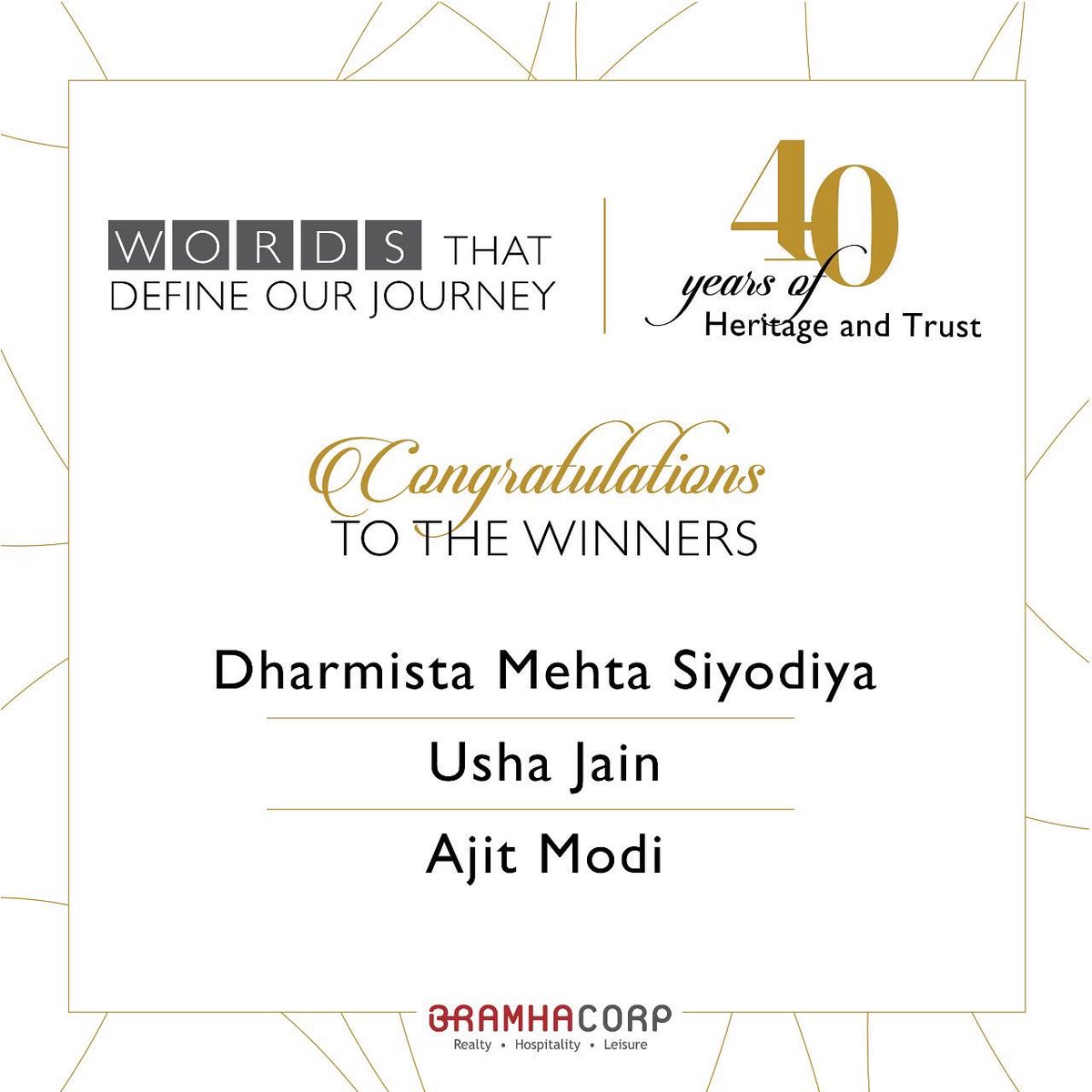 BRAMHACORP_PUNE's tweet photo. Thank you everyone for participating in the 40 Years Of Heritage and Trust Contest and congratulations to all the winners.

#BramhaCorp #40YearsOfHertitage #40YearsOfTrust #contest #pune #punecontest #winners #congratulations https://t.co/ylPc4Ar3Yv