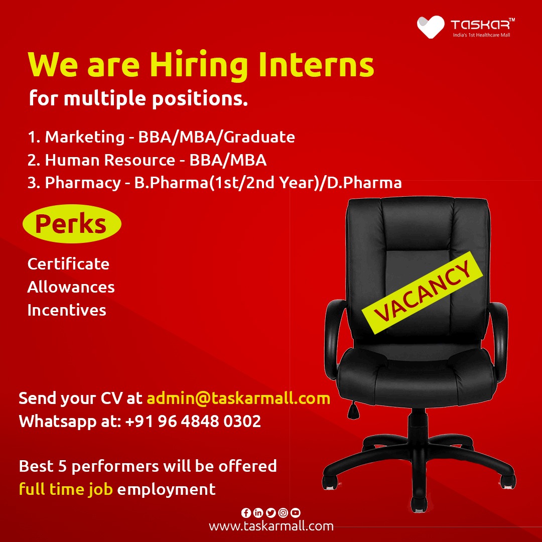 taskar_s's tweet photo. We are hiring Interns for Multiple Positions.
Apply today send your CV at admin@taskarmall.com
#hirejob #hiring #govtjob #searchjob #onlinejob #workonline #naukri #sarkarinaukri #workingwomen #menjob #jobsonline #jobs #jobonline #job #working #onlinejobsearch #work #howtowork https://t.co/PjEalRByLi
