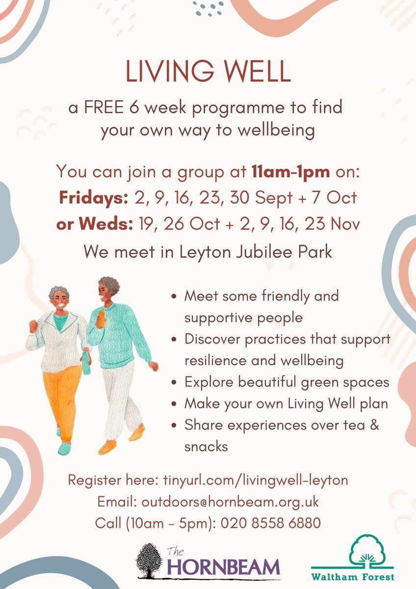 The <a href="/Hornbeamcafe/">Hornbeam Centre&Cafe</a> are offering a 6 week 'Living Well' programme as part of Green #SocialPrescribing in Waltham Forest💚
Residents can explore the simple things to improve their #Wellbeing 🍃
Each session involves a short walk &amp; a workshop Further info at tinyurl.com/livingwell-ley…