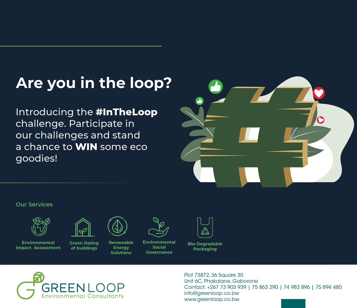 GreenLoopBW's tweet photo. Keep an eye out on our social media platforms for the #intheloop challenge series! You could be our lucky winner.๐๐ฅณ
#goinggreen #greenloopbw #intheloop #keepingyouintheloop https://t.co/sZPqNIkfql