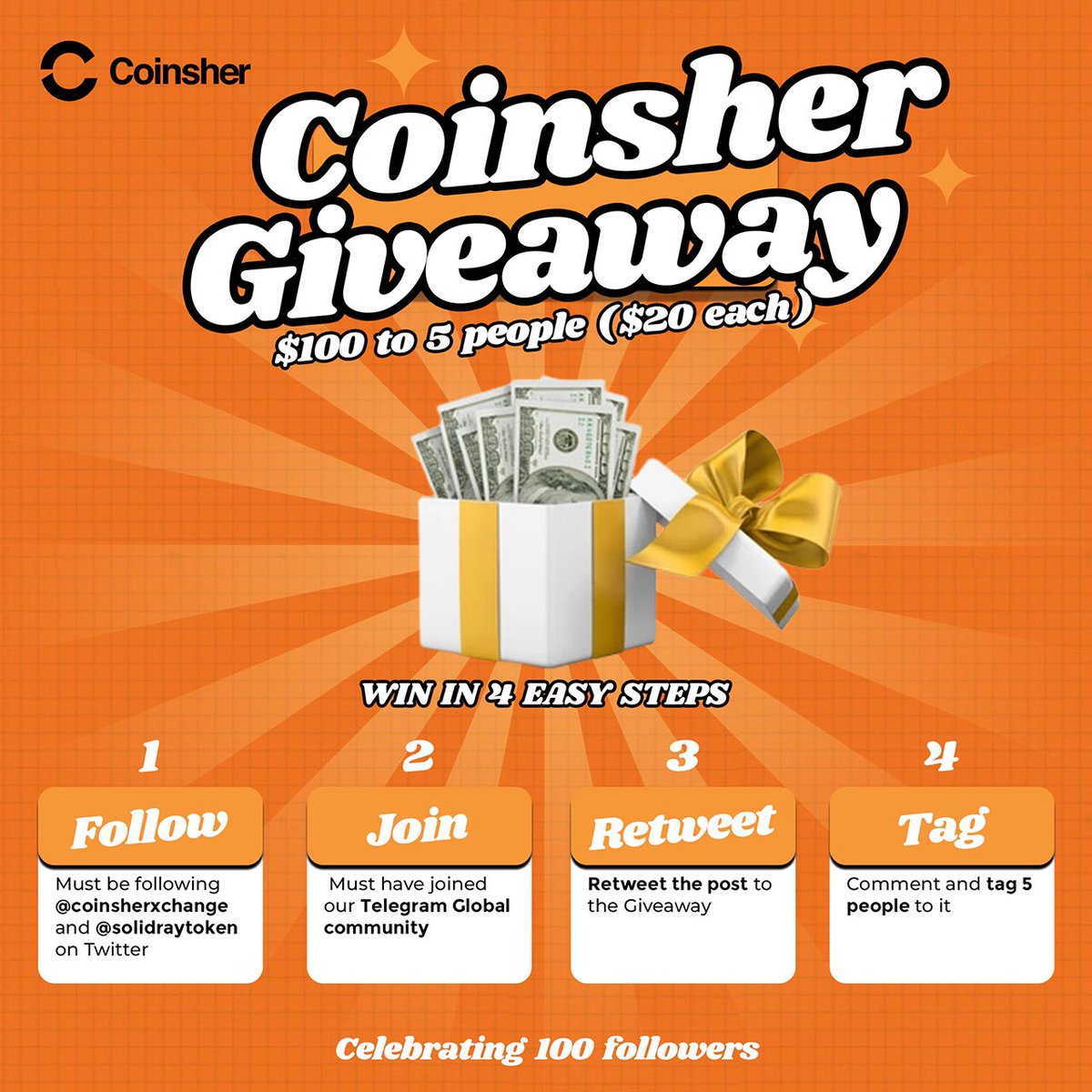 coinsherxchange's tweet photo. To celebrate a milestone of 100 Followers on Twitter, We would be giving out $100 to 5 people ($20 each) 

Rules for participation: 
1. Retweet this post to the Giveaway

2. Must have joined our Telegram Global community (link in bio) https://t.co/iu9u7AgSdn