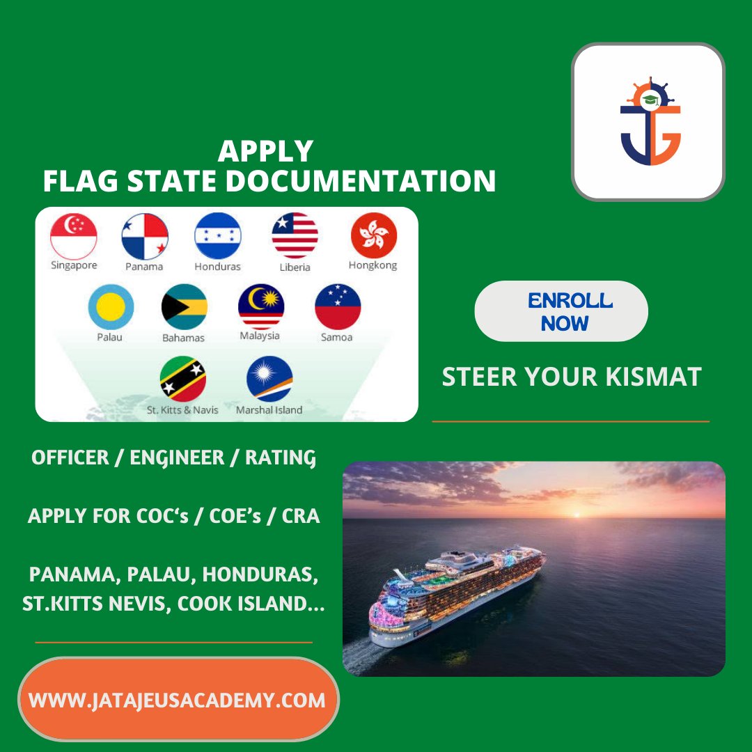 jatajeusacademy's tweet photo. Flag State Documentation
APPLY NOW
COC/ COE/ CRA/ CDC/ GMDSS/ SSO/ WatchKeeping/ DCE
Cost Effective! Fast Process!
#flagstate #Documents #Seafarer #ShipsAndShipping #maritime https://t.co/6JeJ88p2RR