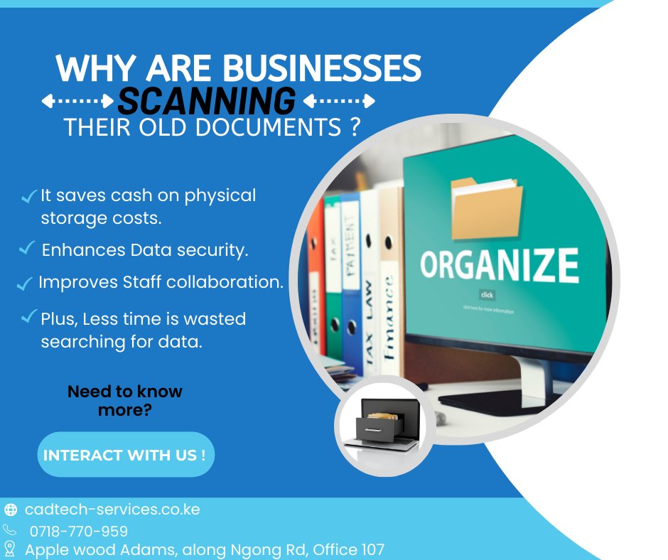 cadtechkenya's tweet photo. Ever wondered why more and more businesses are finding it essential to digitize their archived documents; and is it a good idea?

let us know what you think!

#backlogscanning
#Documentdigitisation
# backlog scanning in Kenya
# Backlog scanning in Nairobi
# bulk scanning in Kenya https://t.co/gu1OyBrFSZ