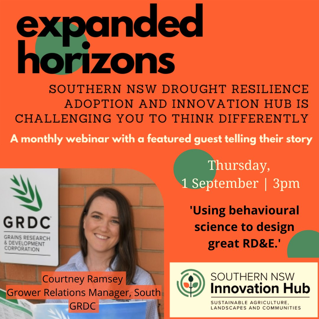 Want to know how to use behavioural science to design great RD&amp;E?
Register for our Expanded Horizons webinar with <a href="/courtsramsey/">Courtney Ramsey</a> and find out. September 1, 3pm. loom.ly/iY__SZA 
#FutureDroughtFund #SNSWInnovationHub @DeptAgNews <a href="/theGRDC/">GRDC</a>