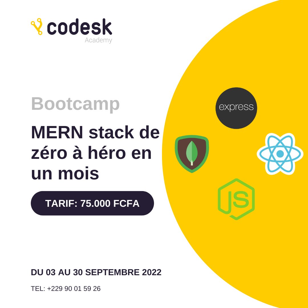 iamflorent's tweet photo. Pourquoi apprendre la stack #mern ?
Si vous êtes développeur et que cet acronyme ne vous dit rien, vous devriez déjà avoir effectué votre inscription à la nouvelle formation de Codesk Academy ! https://t.co/he5jvevv9S