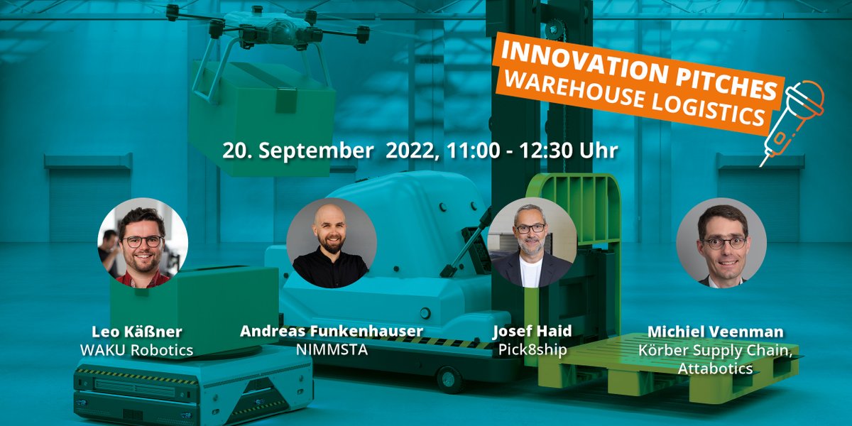 WakuRobotics's tweet photo. Four innovative solutions for warehouse logistics will be in the spotlight at Innovation Pitches on 20.09.2022 (online and in German). Leo Käßner @leokaessner will present a solution for the management and control of #mobilerobots. 
👉🏼https://t.co/RkIASi0eNQ https://t.co/VemDl6lkod