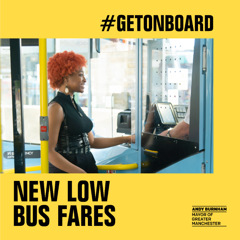 BeeNetwork's tweet photo. From September 4, single journey bus fares in Greater Manchester will cost no more than:

🟡 £2 Adult
🟡 £1 Child (11-16 year olds require igo)

Ask the bus driver for a single ticket to your destination and #GetOnBoard with new low fares. 🚍