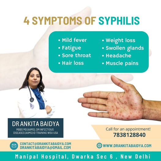 4 SYMPTOMS OF SYPHILIS
Contact Dr Ankita Baidya - Physician Infectious Diseases 
Call @ 7838128840
#generalphysician #drankitabaidya #Health #healthcare #idphysician #Syphilis #syphilissymptoms #syphilisdisease #syphilissurvivor #syphilistreatment #syphilisawareness