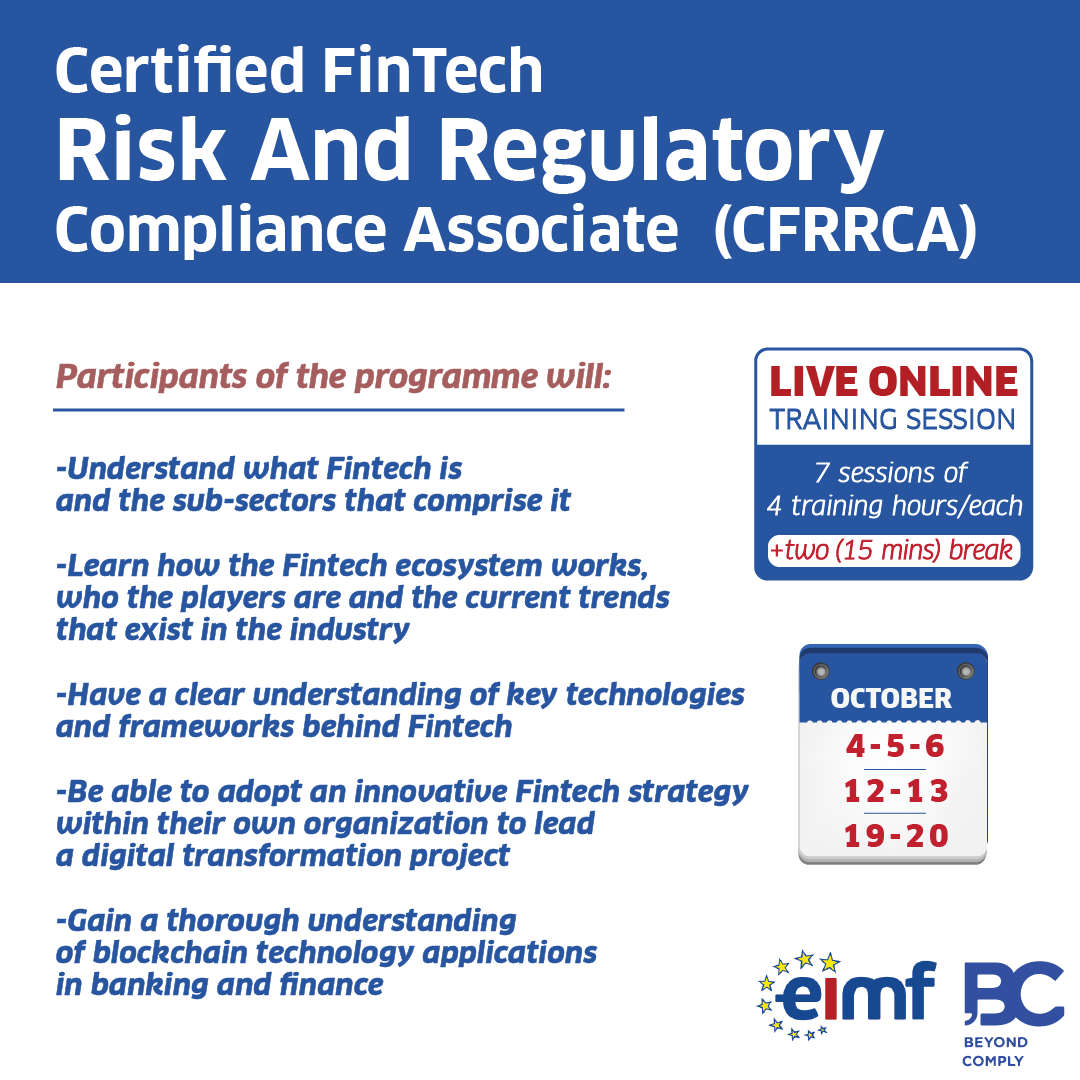 BeyondComply_'s tweet photo. We are thrilled to be delivering in collaboration with European Institute of Management and Finance (EIMF) The Certified FinTech Risk and Regulatory Compliance Associate (CFRRCA) course.

To know more about this course,
Visit: https://t.co/1mIecZkI70 https://t.co/T4i7psHMOZ